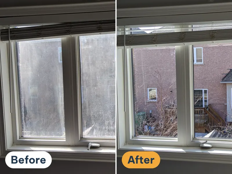 Before and after window glass replacement: a white vinyl casement window with foggy glass, then with clear new sealed units